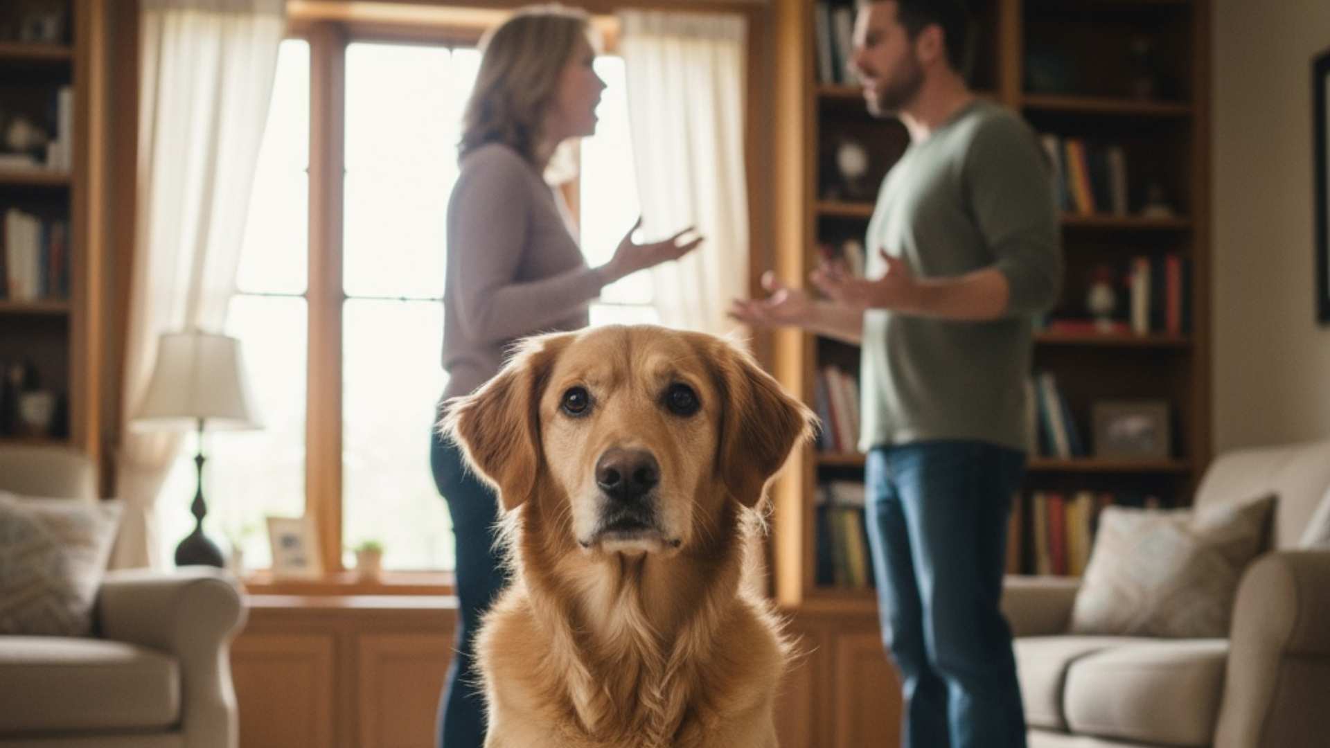 perrito de frente con dueños discutiendo detrás